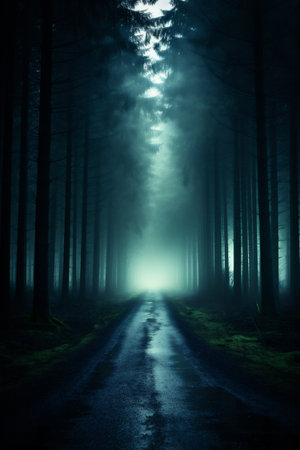 Dark forest road in a mysterious foggy night. Halloween concept.の素材