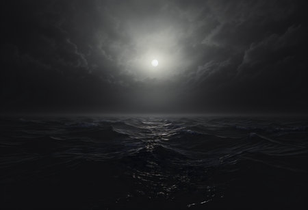 moon in the night sea with waves and clouds.の素材