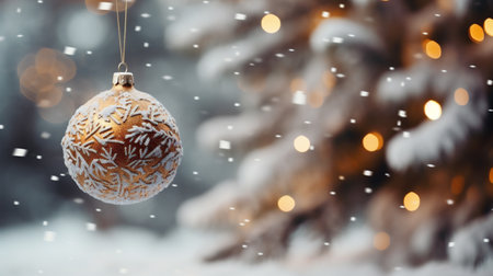 Christmas decoration hanging on christmas tree branch with bokeh lights backgroundの素材