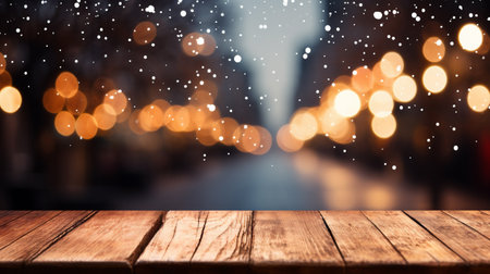 Wooden table in front of blurred city street with bokeh lightsの素材
