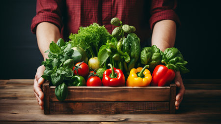 Fresh vegetables in a wooden box in the hands of a young man.の素材