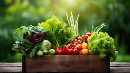 Fresh vegetables in a wooden box on a wooden table in the gardenの素材