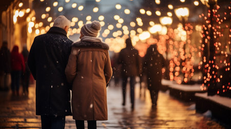 back view of couple walking on snowy street with christmas lights on backgroundの素材
