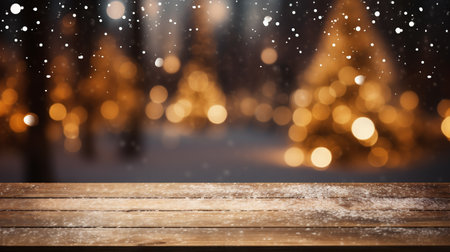 Wooden table in front of blurred christmas tree with snowflakesの素材