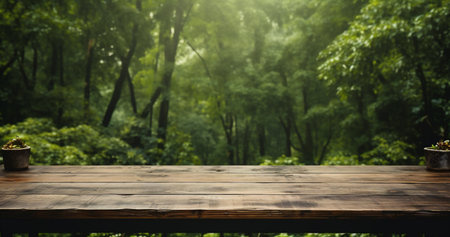 Wooden table top on nature background. Mock up for display of productの素材