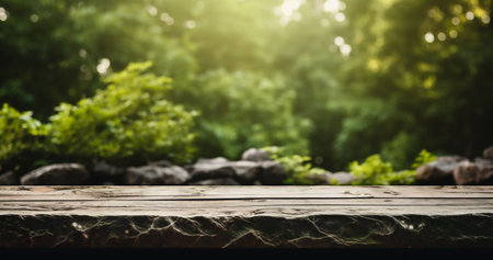Wooden table top on blurred nature background - can be used for display or montage your productsの素材