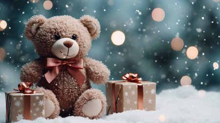 Teddy bear with gift boxes on snow and bokeh backgroundの素材