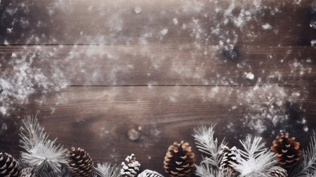 Christmas background with pine cones and snowflakes on wooden board.の素材