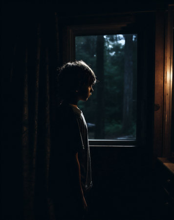 Little boy looking out of the window at night in a dark roomの素材