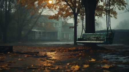 Empty bench in the park in foggy morning.の素材