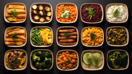 Healthy eating concept with different meals in bowls on a black backgroundの素材