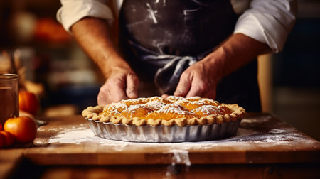 Closeup of a man's hands kneading a pie in the kitchenの素材