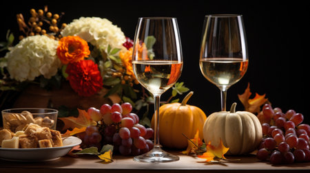 Two glasses of white wine and autumn bouquet on black background.の素材