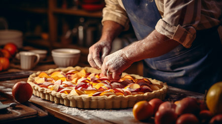 Close-up of a man's hands preparing a peach tart in the kitchenの素材
