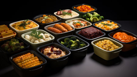 Variety of Indian snacks and appetizers in ceramic bowls over blackの素材