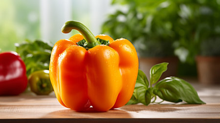 Fresh bell pepper with basil leaves on a wooden table in the kitchenの素材