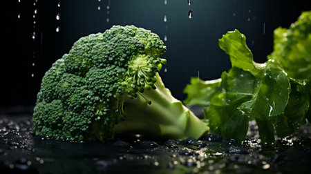 Fresh green broccoli with drops of water on black background, closeupの素材