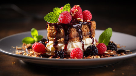 Delicious waffles with ice cream and fresh berries on wooden tableの素材