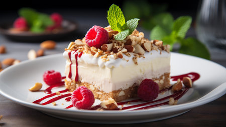 Delicious cheesecake with raspberries and nuts on a plateの素材