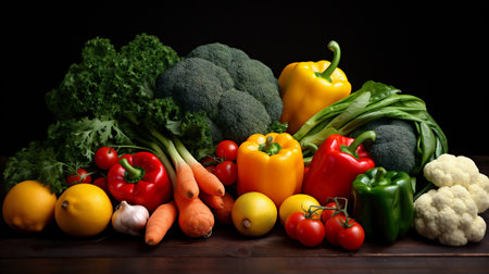 Composition with variety of raw vegetables on wooden table. Balanced dietの素材