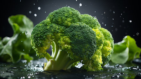 Fresh green broccoli with water drops on black background. Healthy food concept.の素材