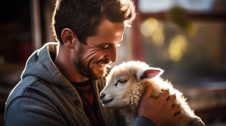 Handsome young man holding lamb and smiling while standing in barnの素材