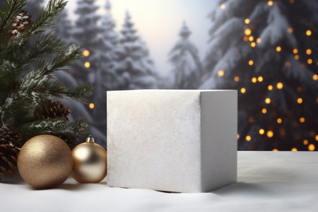 White cube with Christmas decorations on the background of the winter forest.の素材