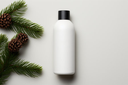 White cosmetic bottle mockup on a white background with fir branches.の素材