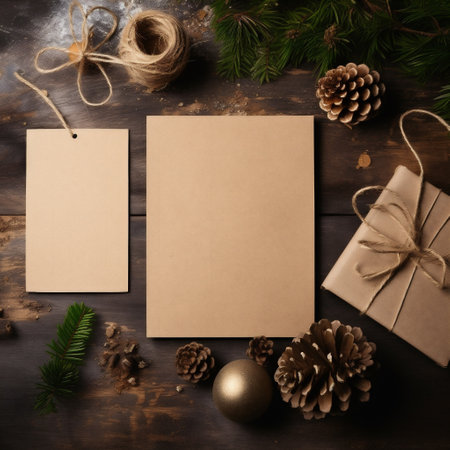 Christmas greeting card mockup on wooden background. Top view with copy spaceの素材