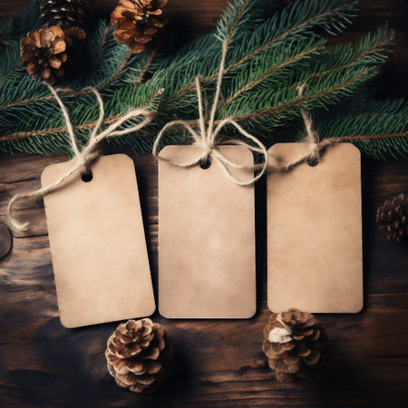 Blank paper tags on wooden background with fir branches and pine conesの素材
