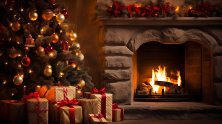 Christmas tree with presents in front of fireplace at home. Holiday concept.の素材