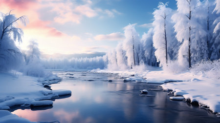 Winter landscape with snow covered trees and river at sunset. Panoramaの素材