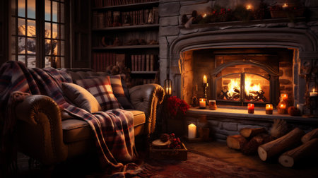 Cozy living room with fireplace and christmas decorations. Selective focus.の素材