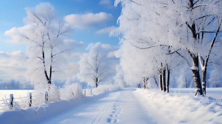 Beautiful winter landscape with a road and trees in hoarfrostの素材
