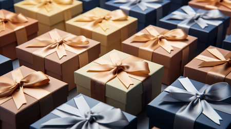 Gift boxes with ribbons and bows, close-up.の素材