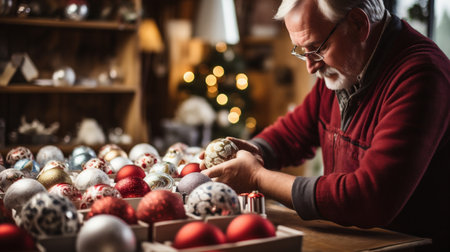 Elderly man making christmas baubles at home.の素材