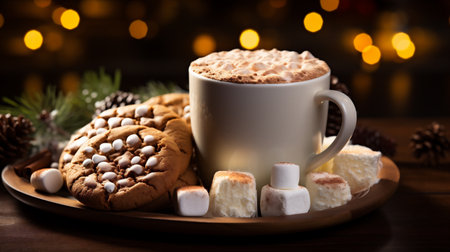 Cup of cocoa with marshmallows and cookies on a wooden tableの素材