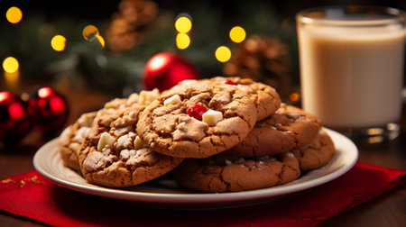 Chocolate chip cookies on a plate with a glass of milk and christmas decorationの素材