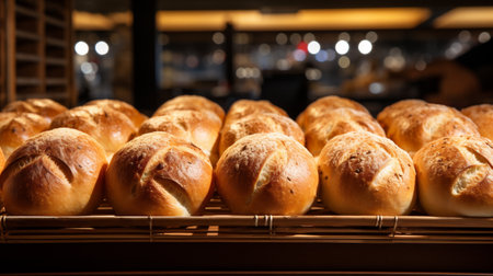Freshly baked buns in bakery shop, shallow depth of fieldの素材