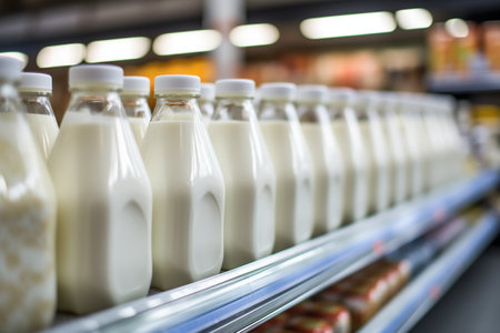 Milk bottles on shelf in supermarket, shallow depth of field.の素材