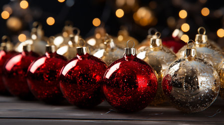 Red and gold christmas balls on wooden background with bokeh lightsの素材