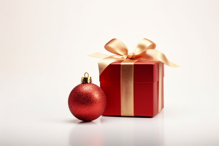Red gift box with golden bow and christmas ball on white backgroundの素材