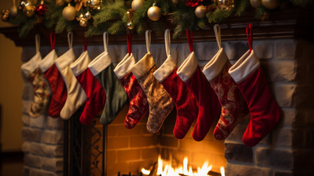 Christmas stockings hanging in front of a fireplace with christmas treeの素材