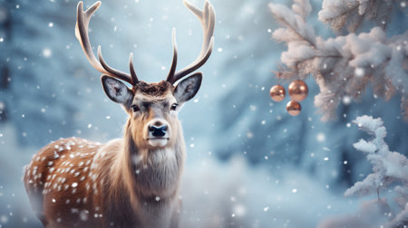Funny deer in winter forest. New Year and Christmas background.の素材