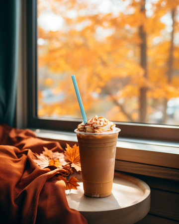 A cup of coffee with whipped cream on the background of autumn leaves.の素材