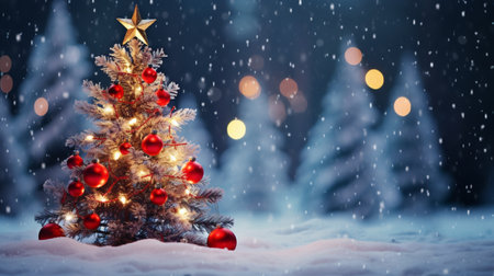 Christmas and New Year background. Christmas tree with red toys on a snowy background.の素材