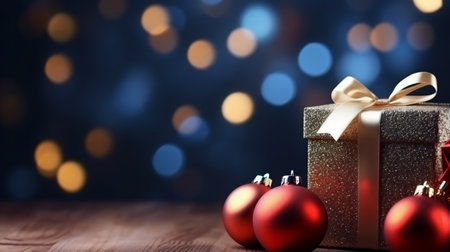 Gift box and red christmas baubles on bokeh backgroundの素材