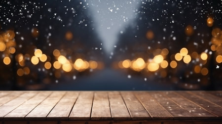 Wooden table in front of blurred christmas background with snowfallの素材