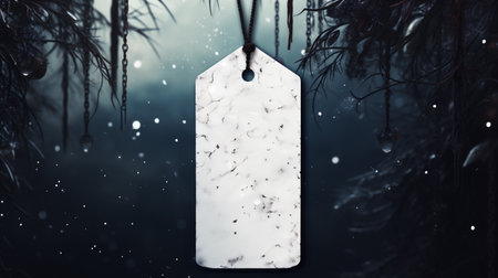 Blank white price tag hanging in winter forest.の素材