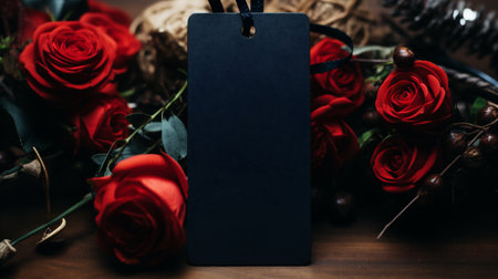 Red roses and blank price tag on wooden table. Valentines Day backgroundの素材
